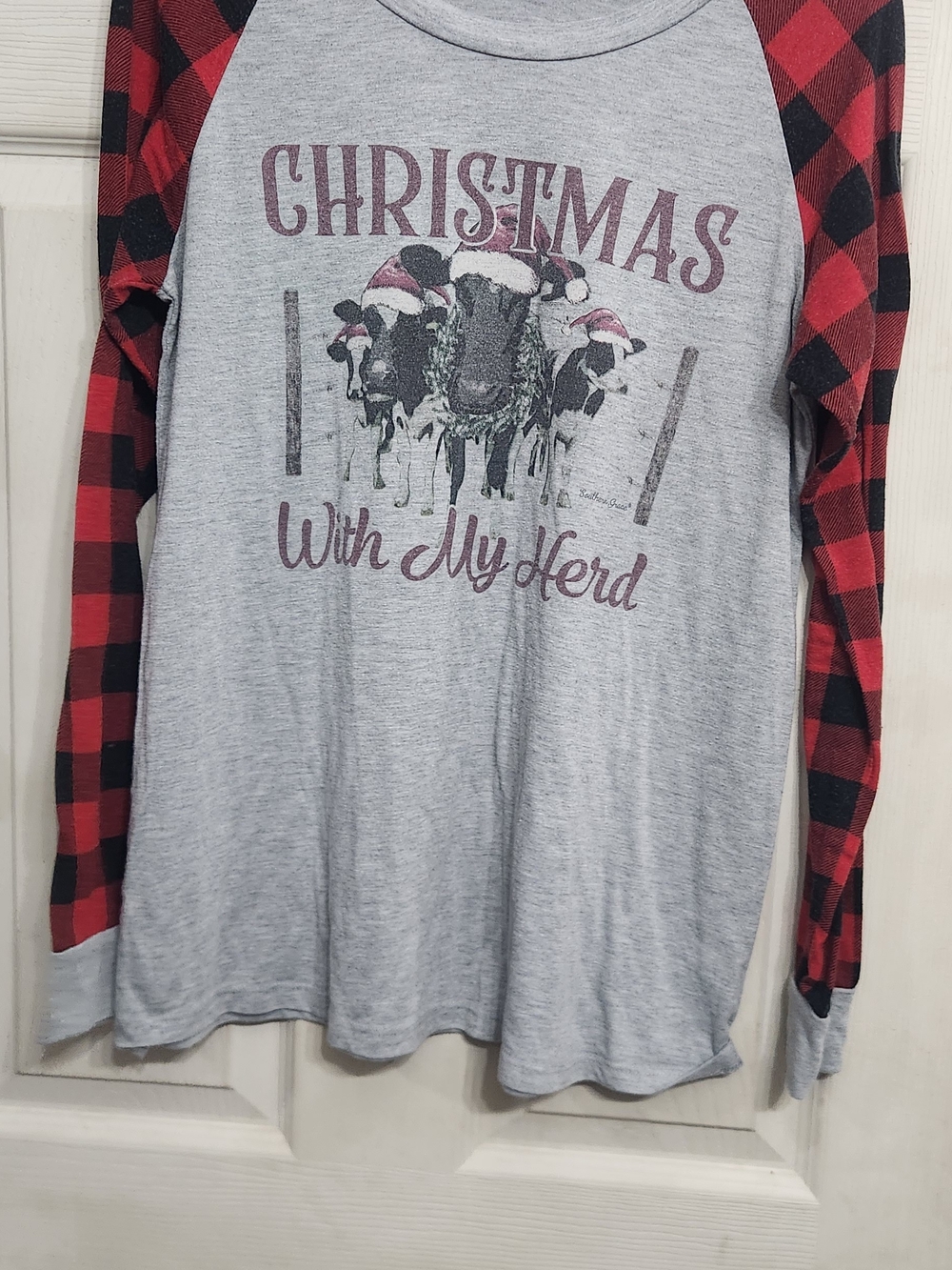 Southern Grace Gray Raglan Tee with Red Buffalo Plaid Sleeves